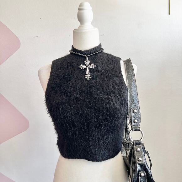 Black Fuzzy Tank Top, Goth Whimsigoth Grunge Indie Sleaze Small - Picture 1 of 6